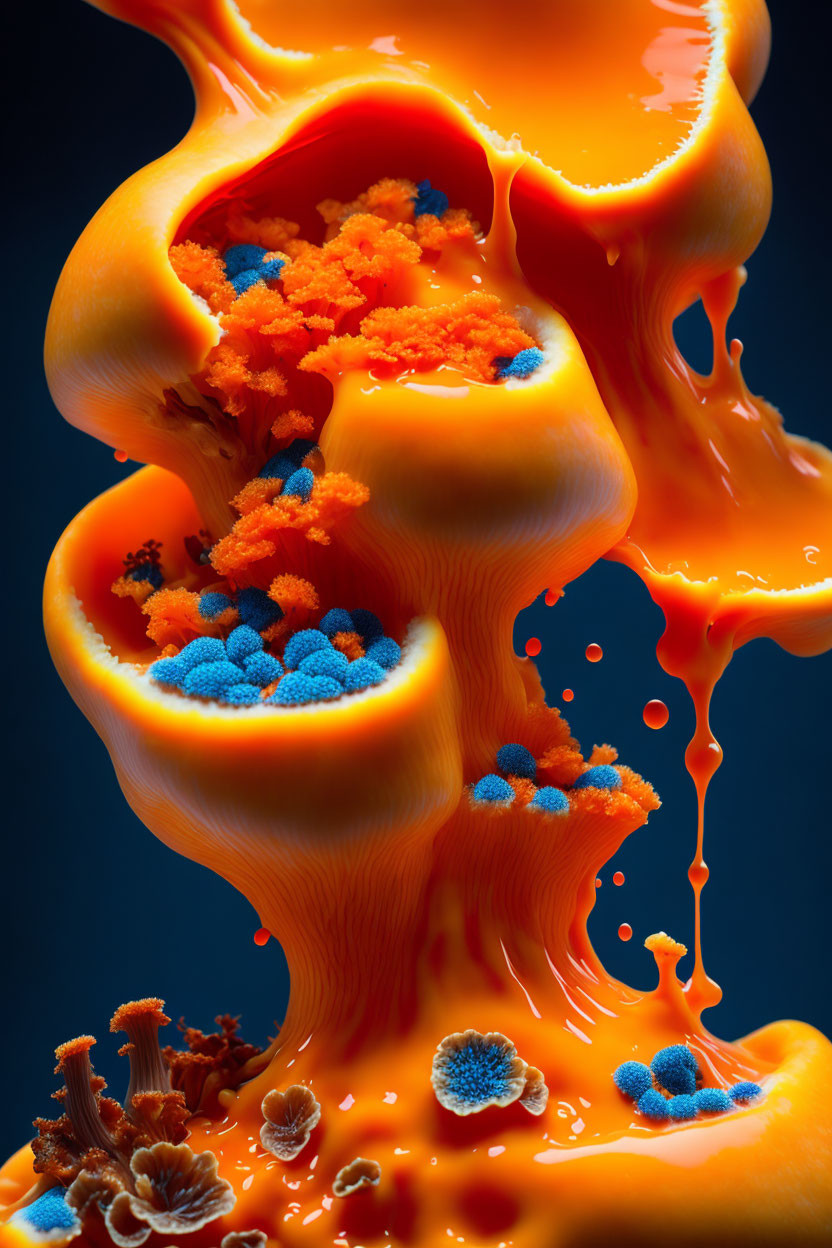 Colorful Orange and Blue Slime Mold Micro-Structures on Dark Blue Background