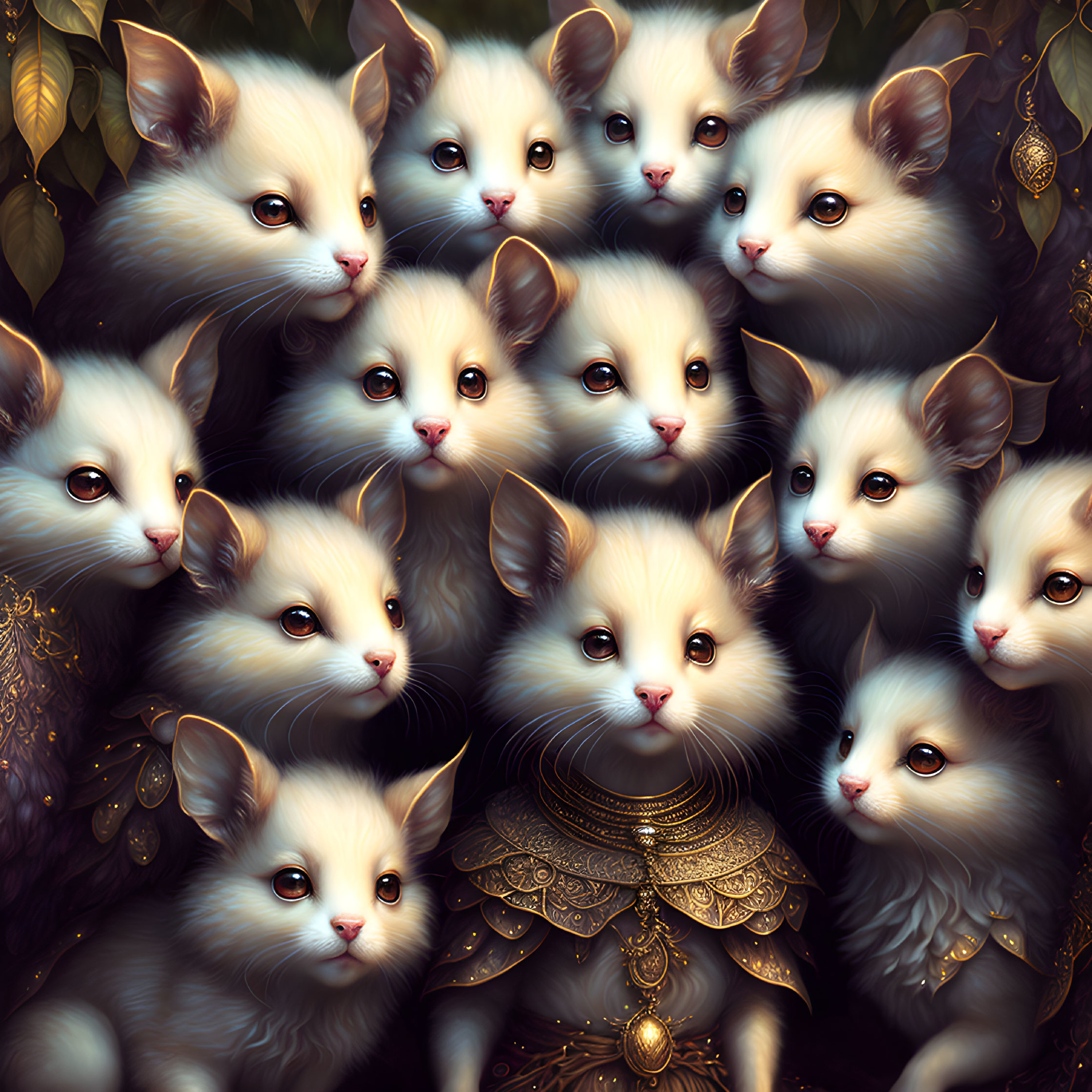 Illustrated cats with white and grey fur and blue eyes in golden armor on leafy background