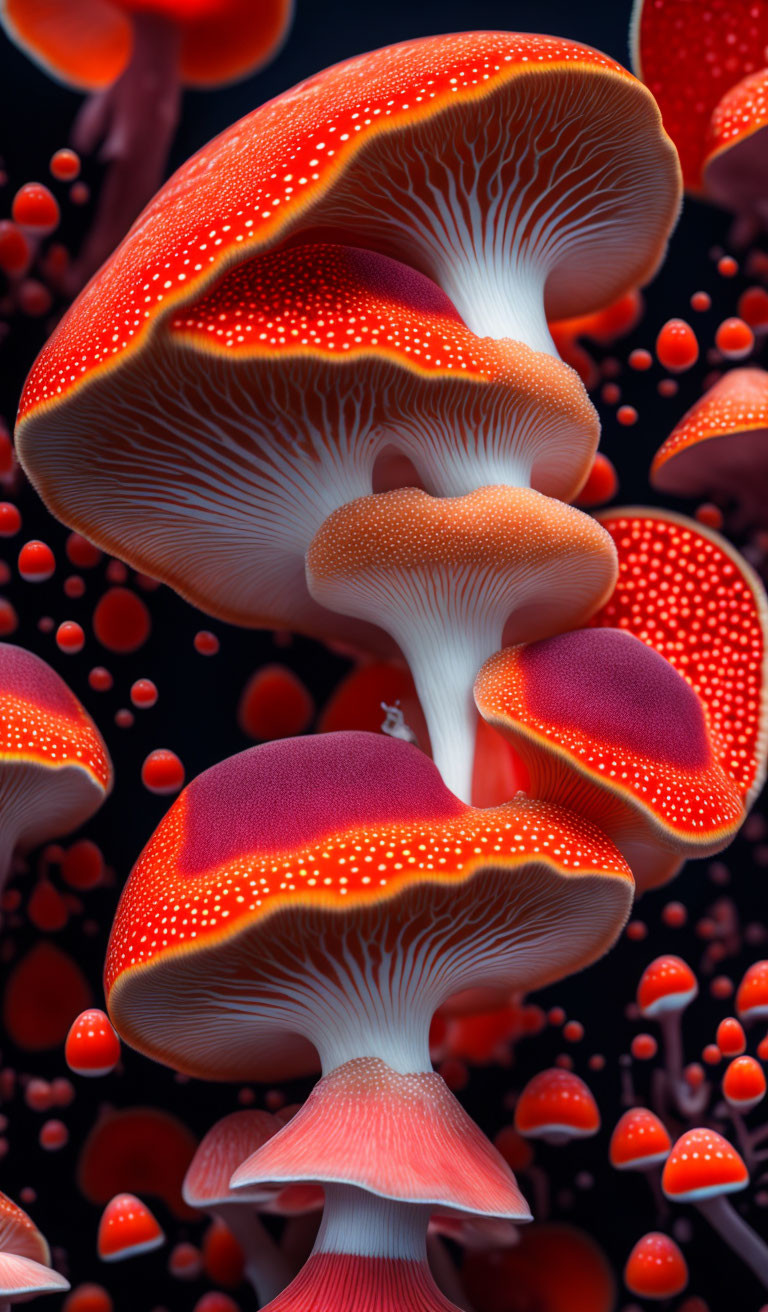 Vibrant red mushrooms with white spots and luminous gills on dark background