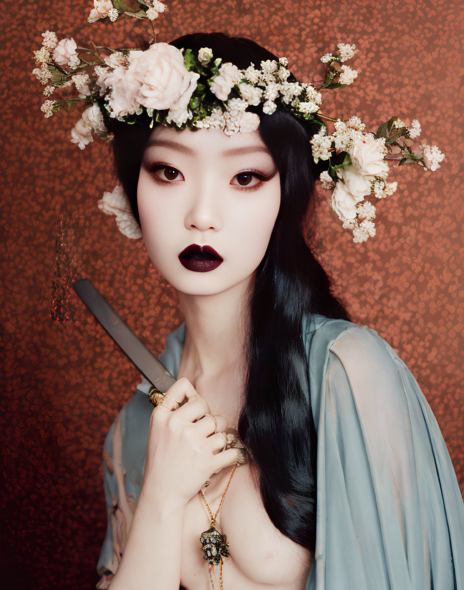 Woman with Floral Headpiece and Blade on Patterned Backdrop