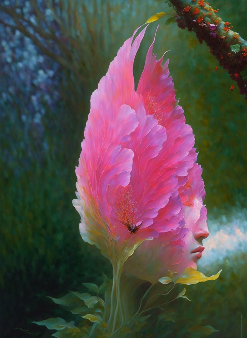 Surreal portrait of woman with vibrant pink flower petal hair