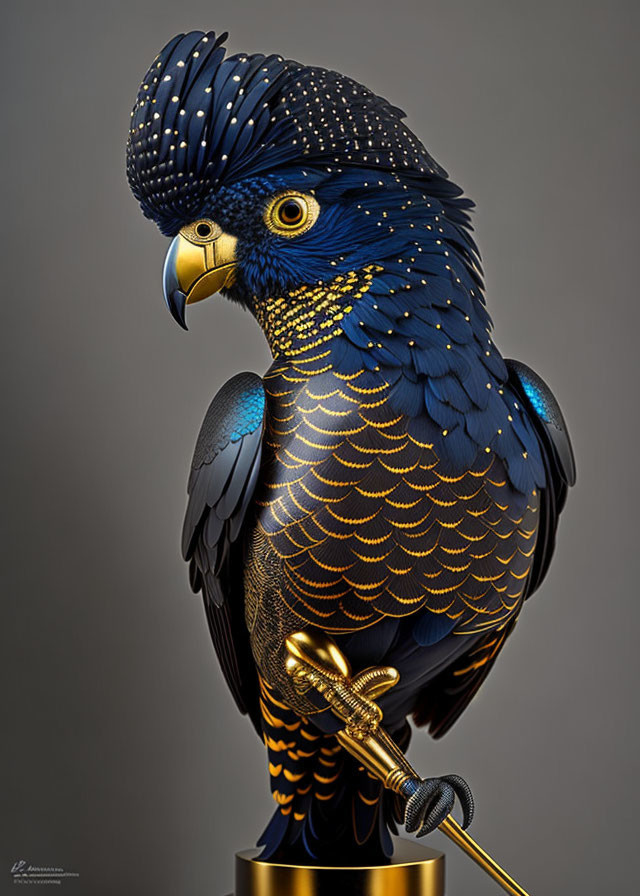 Blue Parrot Sculpture with Intricate Feather Patterns and Golden Beak on Stand