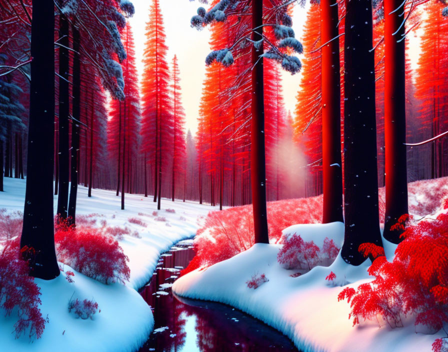 Surreal winter forest with red foliage and winding stream