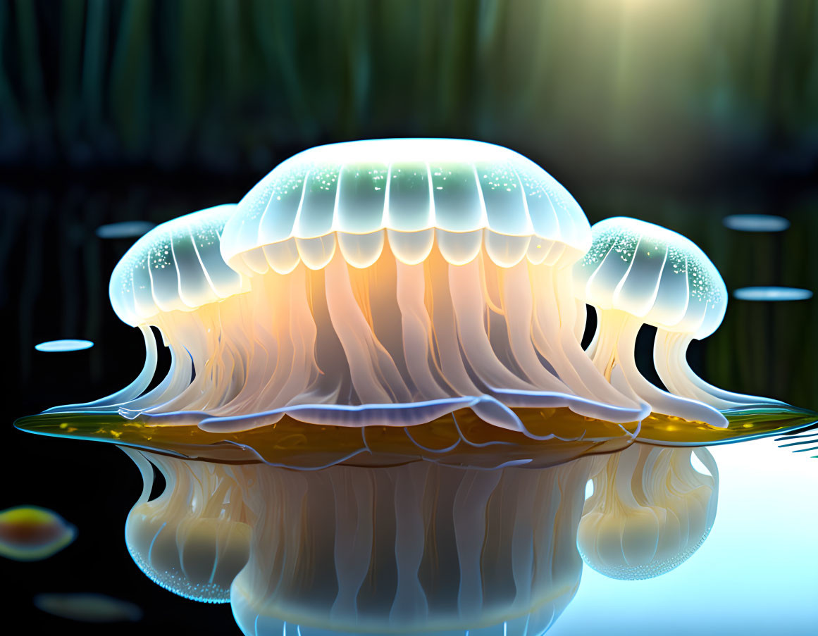 Luminescent jellyfish reflected on still water with blurred reeds background