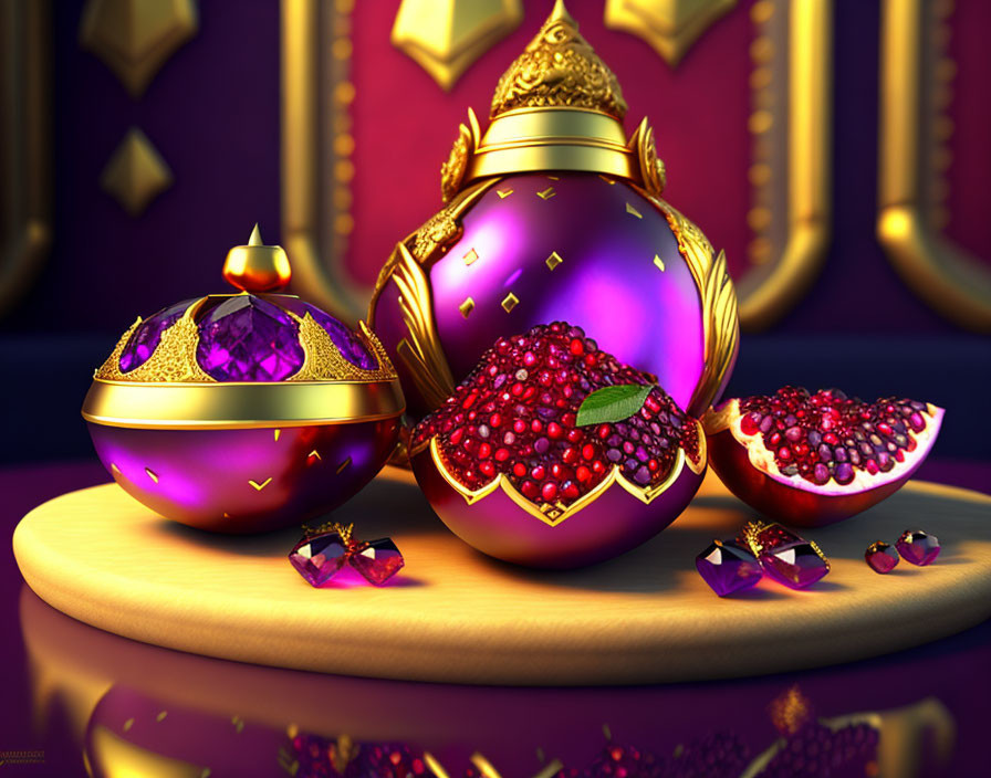 Luxurious Digital Rendering of Open Pomegranate Container on Purple Background