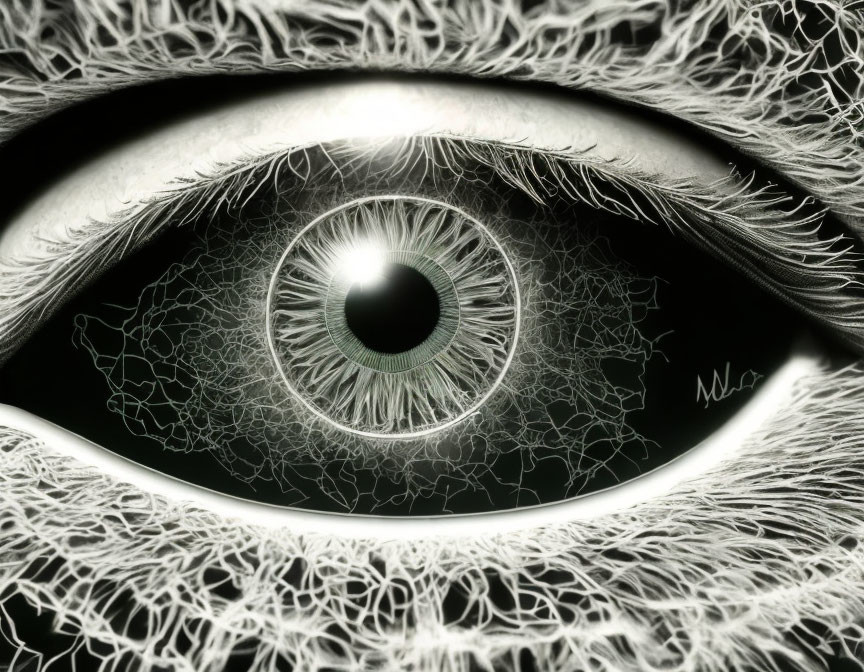 Detailed monochrome close-up of a human eye with intricate iris textures.