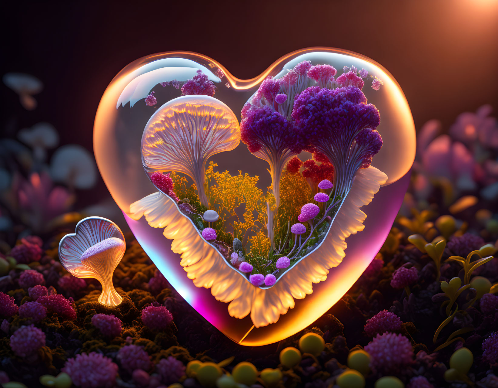 Heart-shaped object with vibrant micro-ecosystem on dark background