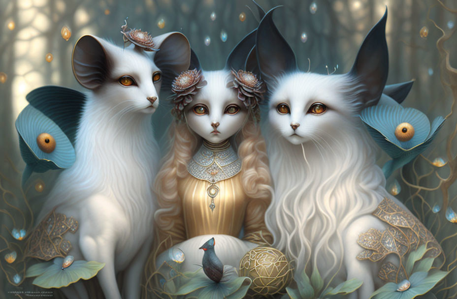 Whimsical catlike creatures with intricate jewelry, surrounded by butterflies and foliage.