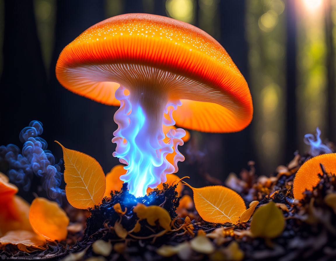 Vibrant orange mushroom with glowing blue stem in forest setting