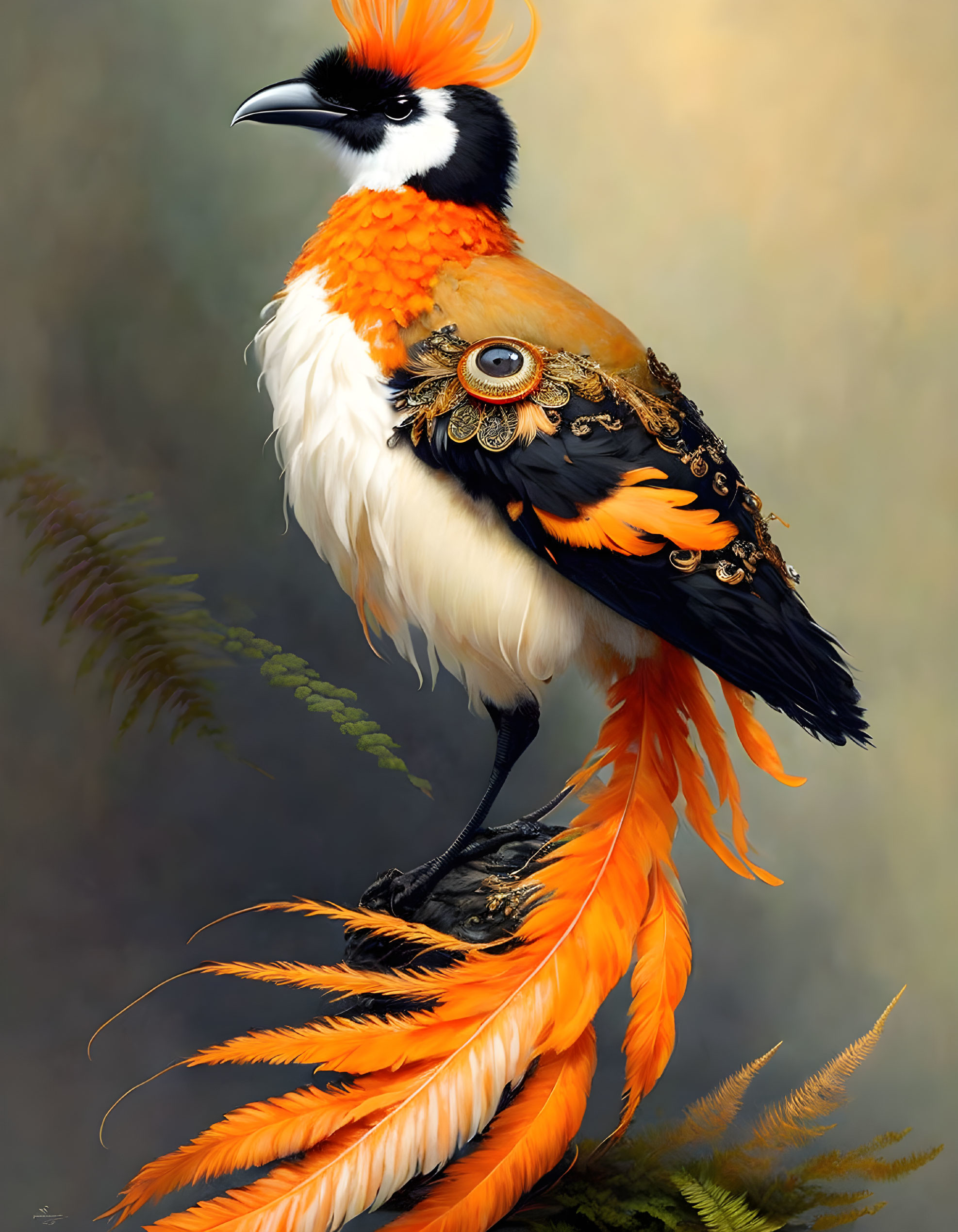 Colorful surreal bird with ornate tail feathers in orange, black, and white