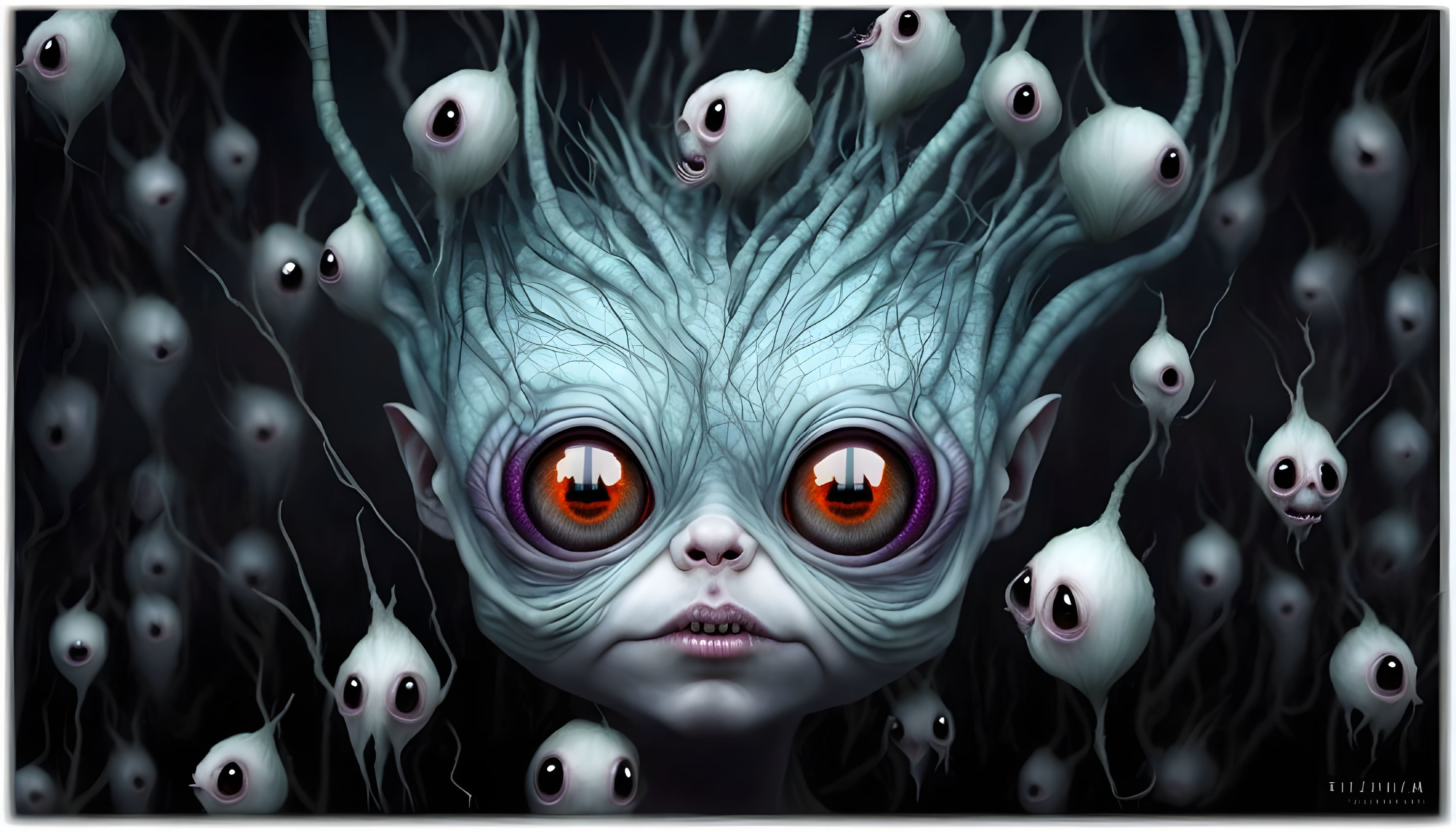 Surreal digital artwork: Wide-eyed creature with blue skin and fiery orange eyes among floating disembodied