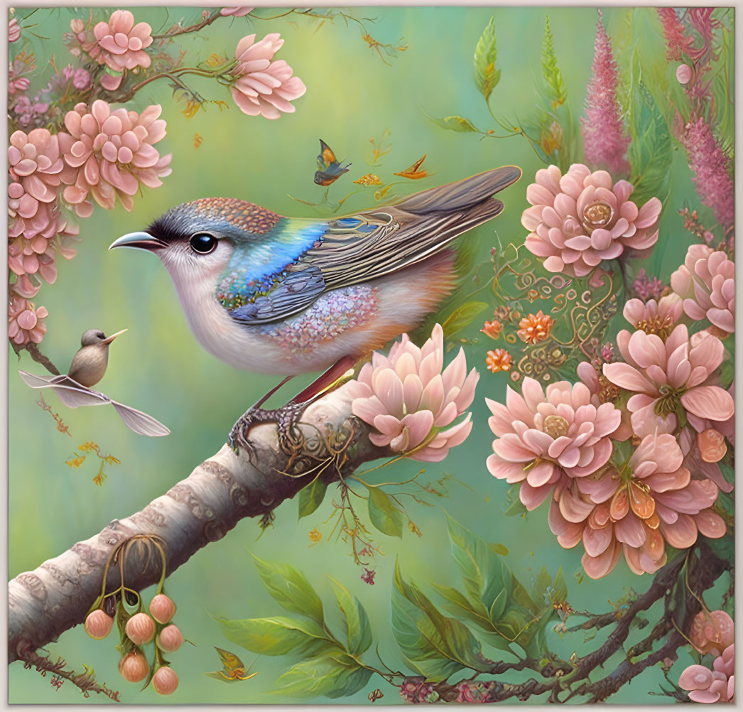 Colorful bird perched on branch with pink blossoms and flying companion