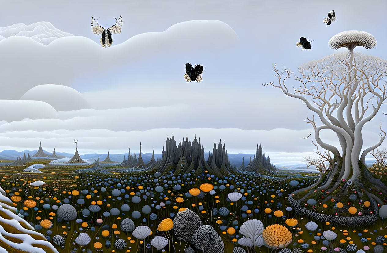 Whimsical surreal landscape with floating islands and butterflies