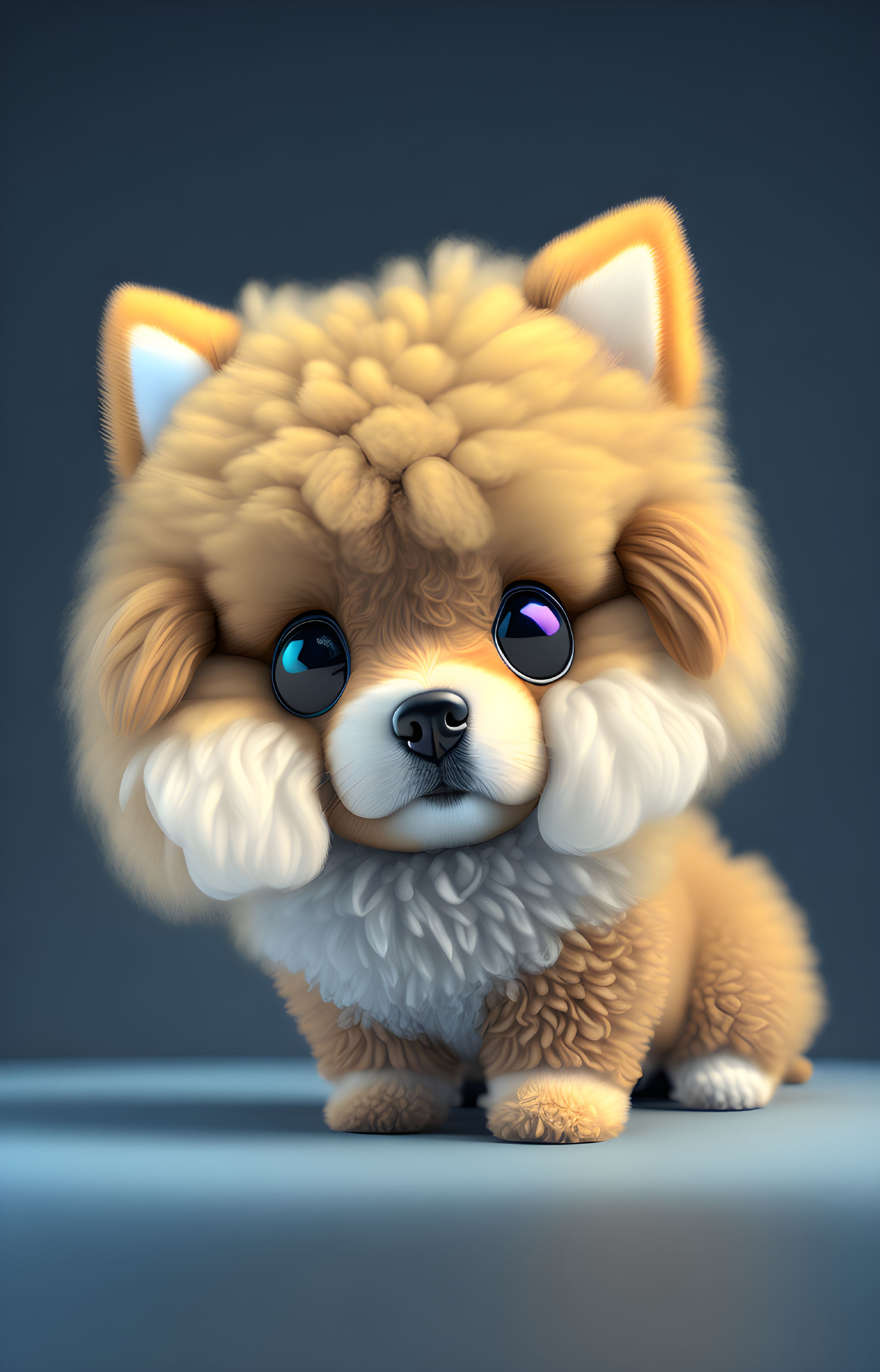 Cartoon-style fluffy puppy with large eyes on dark background