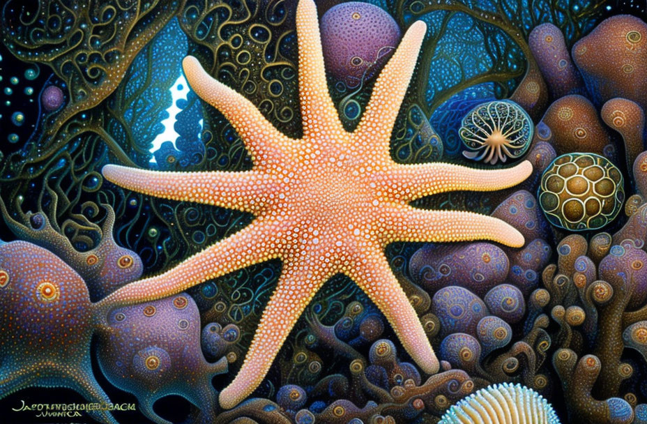 Colorful Starfish Surrounded by Underwater Life