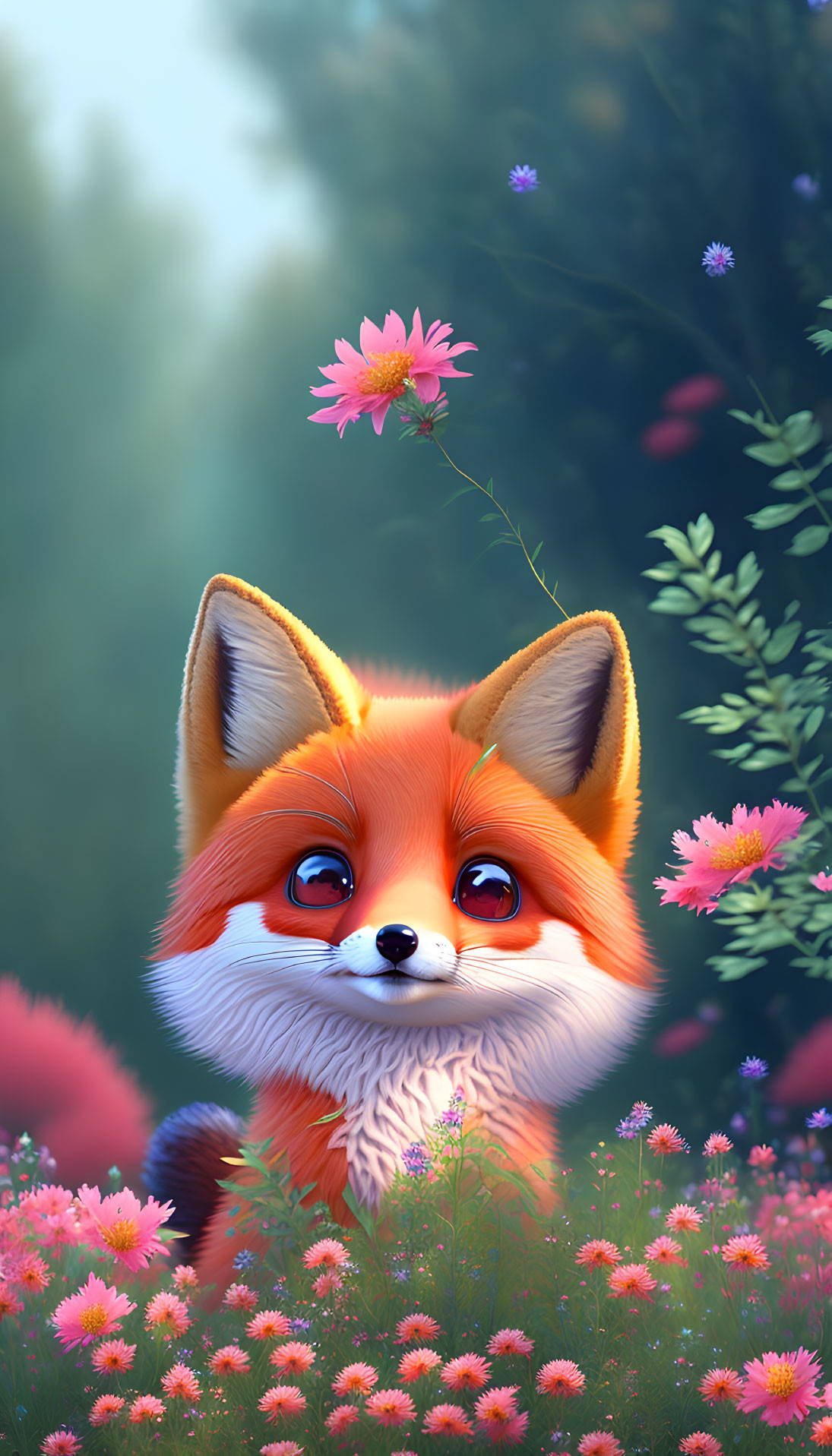 Colorful smiling fox in floral meadow with exaggerated features