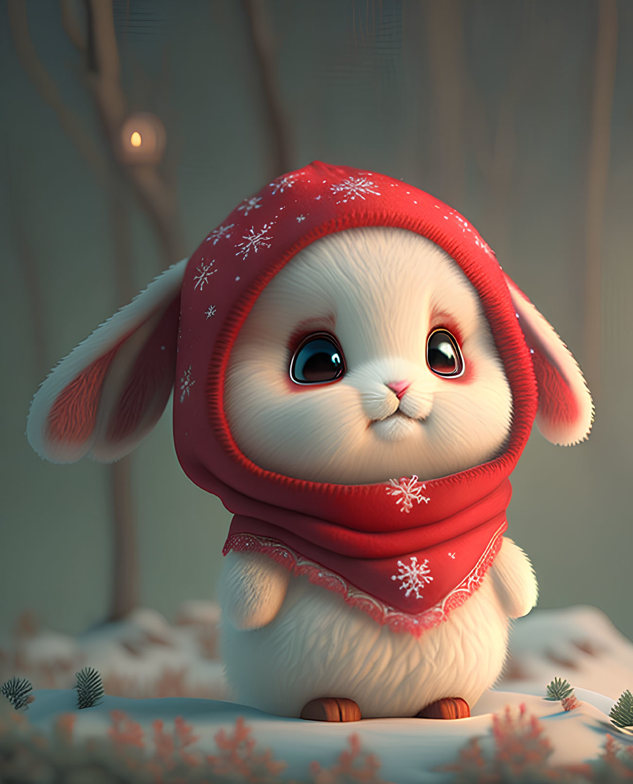 Animated bunny in red winter hat and scarf in snowy landscape