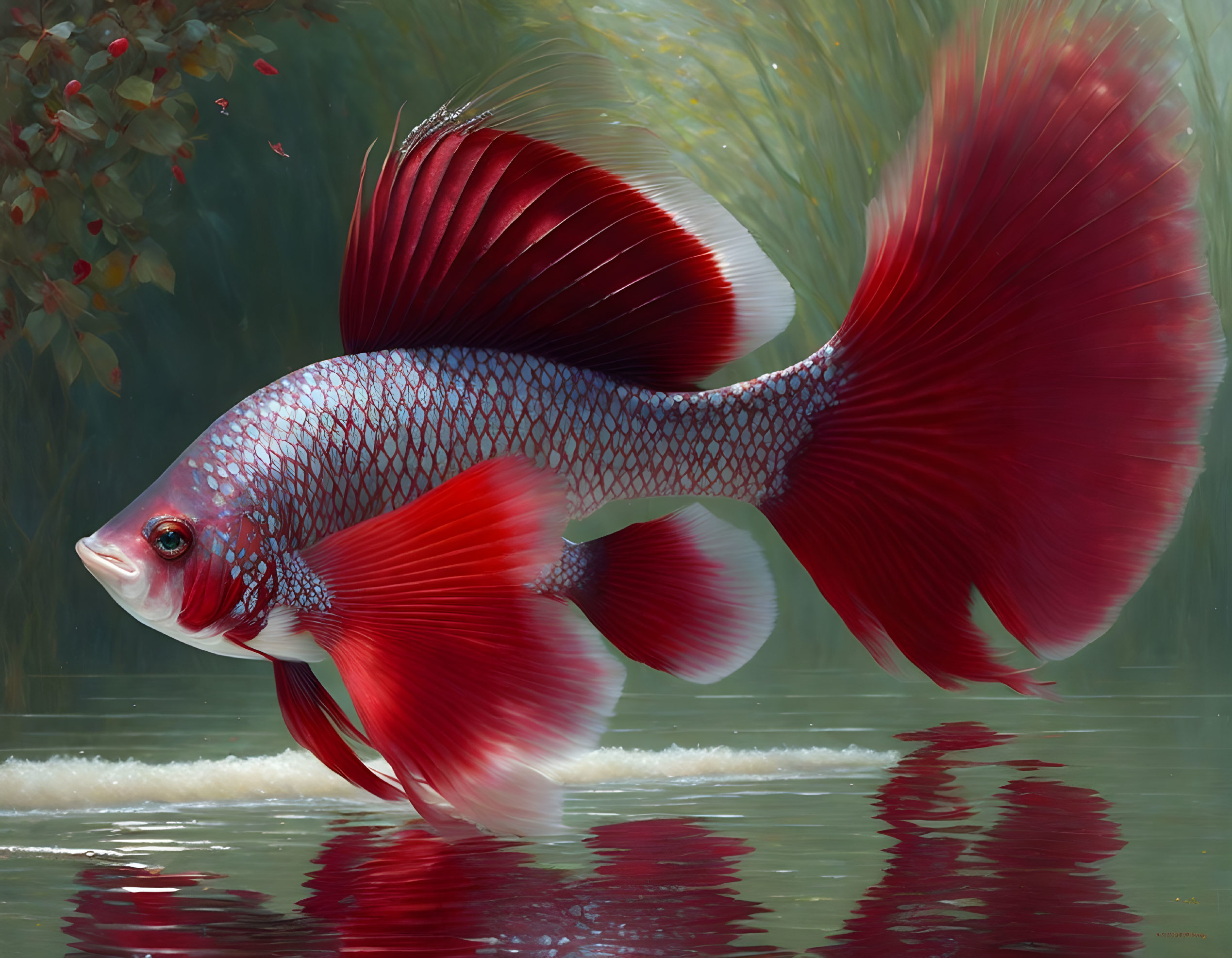 Colorful Betta Fish Digital Art with Red Fins and Blue Body