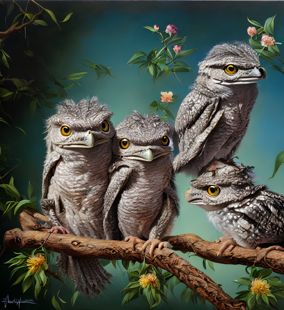 Detailed Tawny Frogmouth Birds Perched on Branch