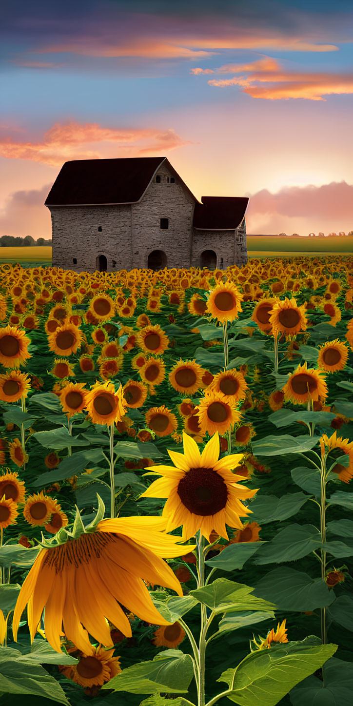 Sunflower Field with Rustic Barn at Sunrise or Sunset