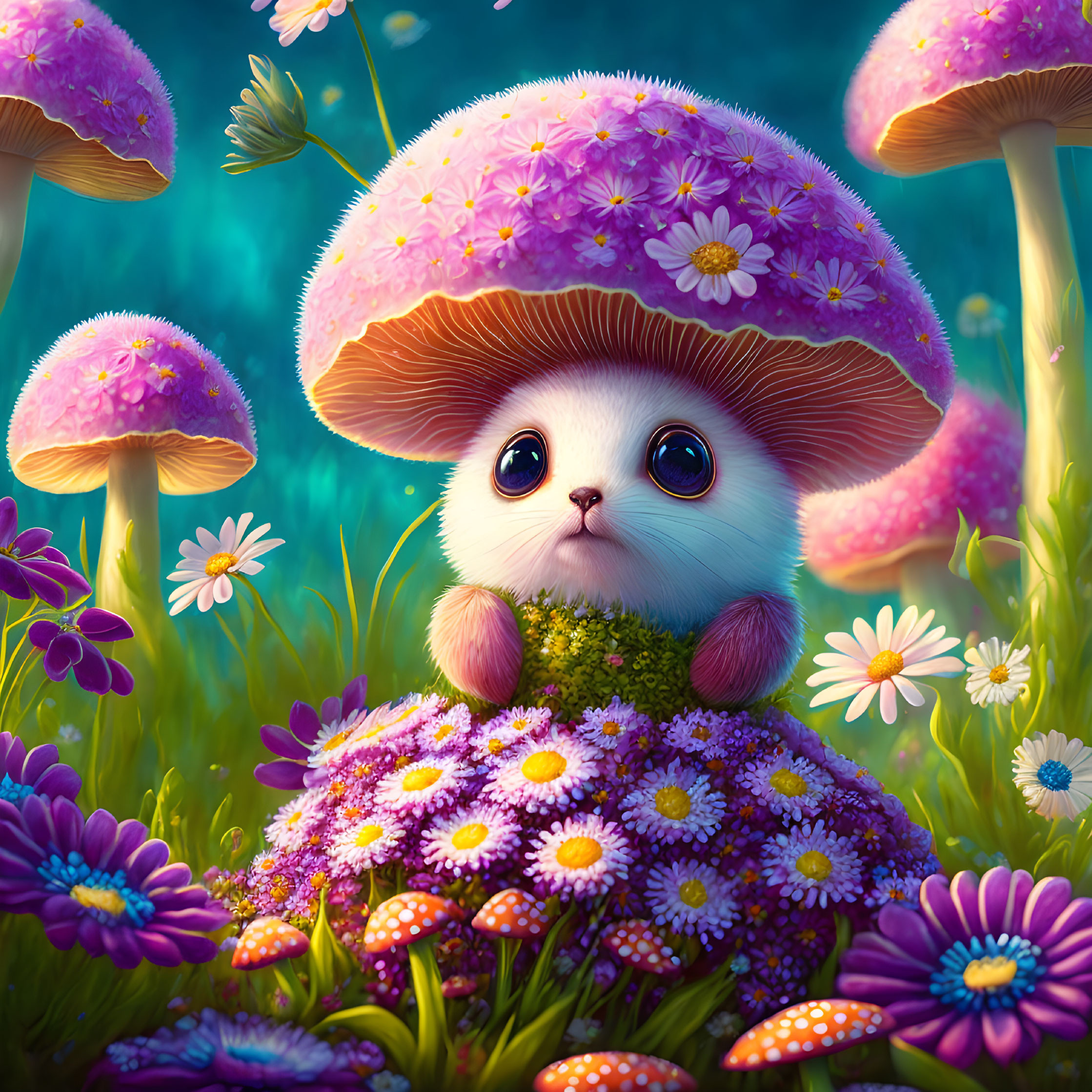 Colorful Illustration of Cute Creature with Mushroom Hat in Flower Field