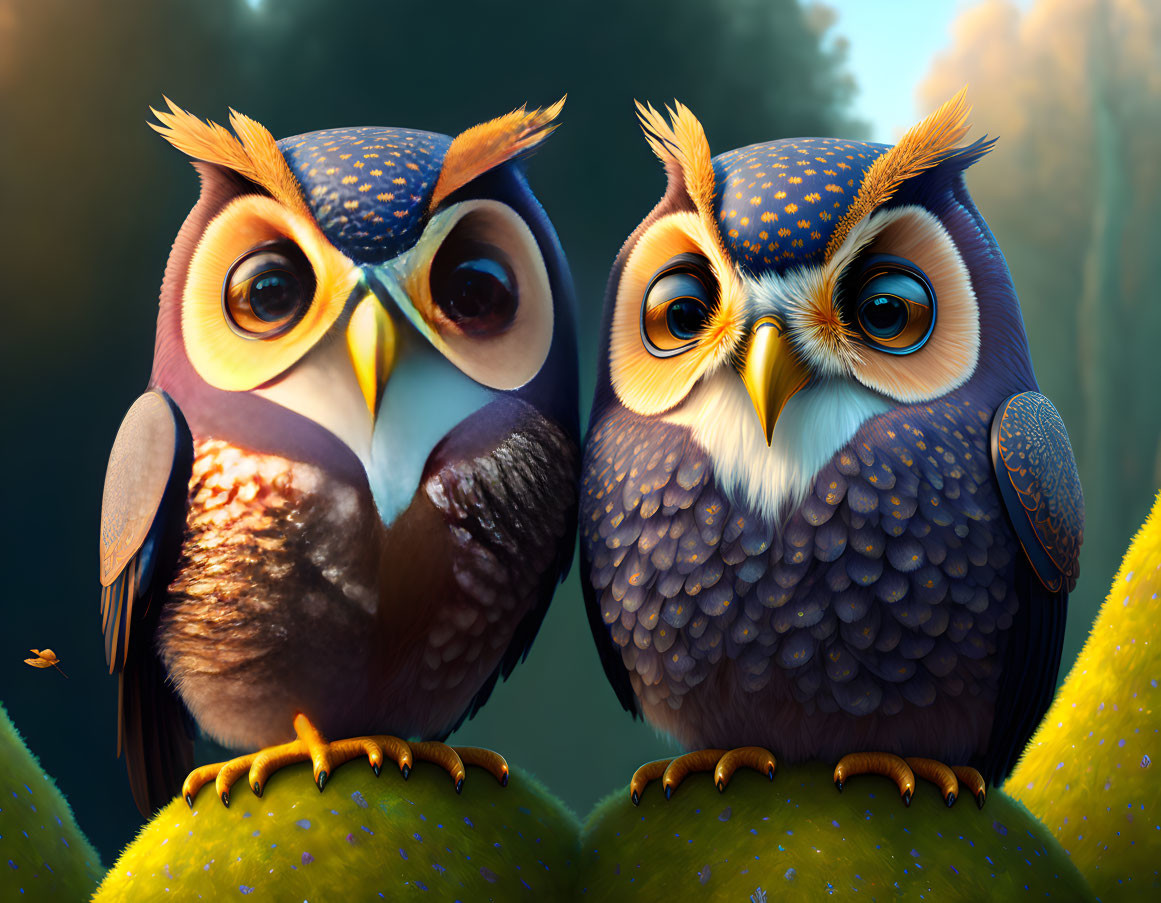 Stylized animated owls with expressive eyes on branches in forest.