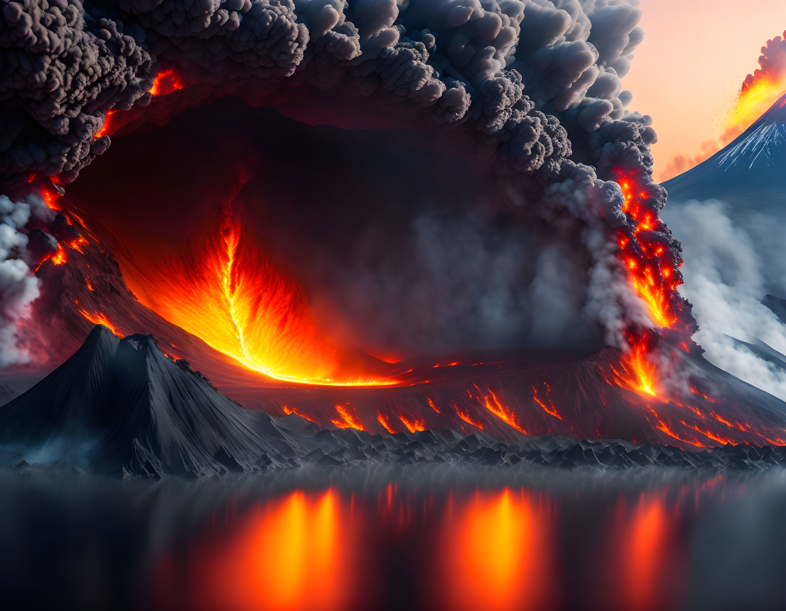 Dramatic volcanic eruption with lava flows and ash plumes