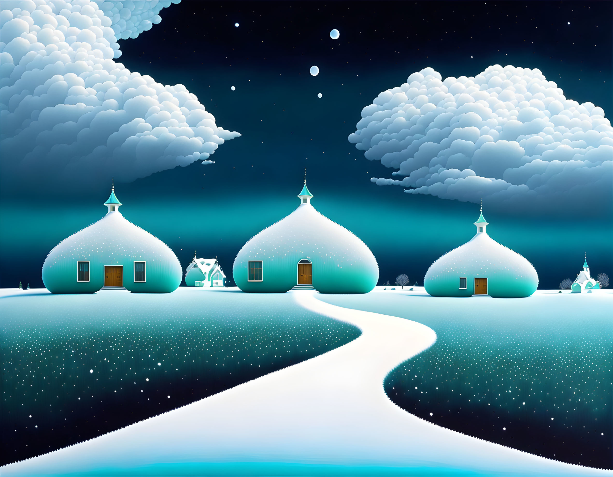 Snow-covered dome-shaped houses under starry night sky with glowing windows.