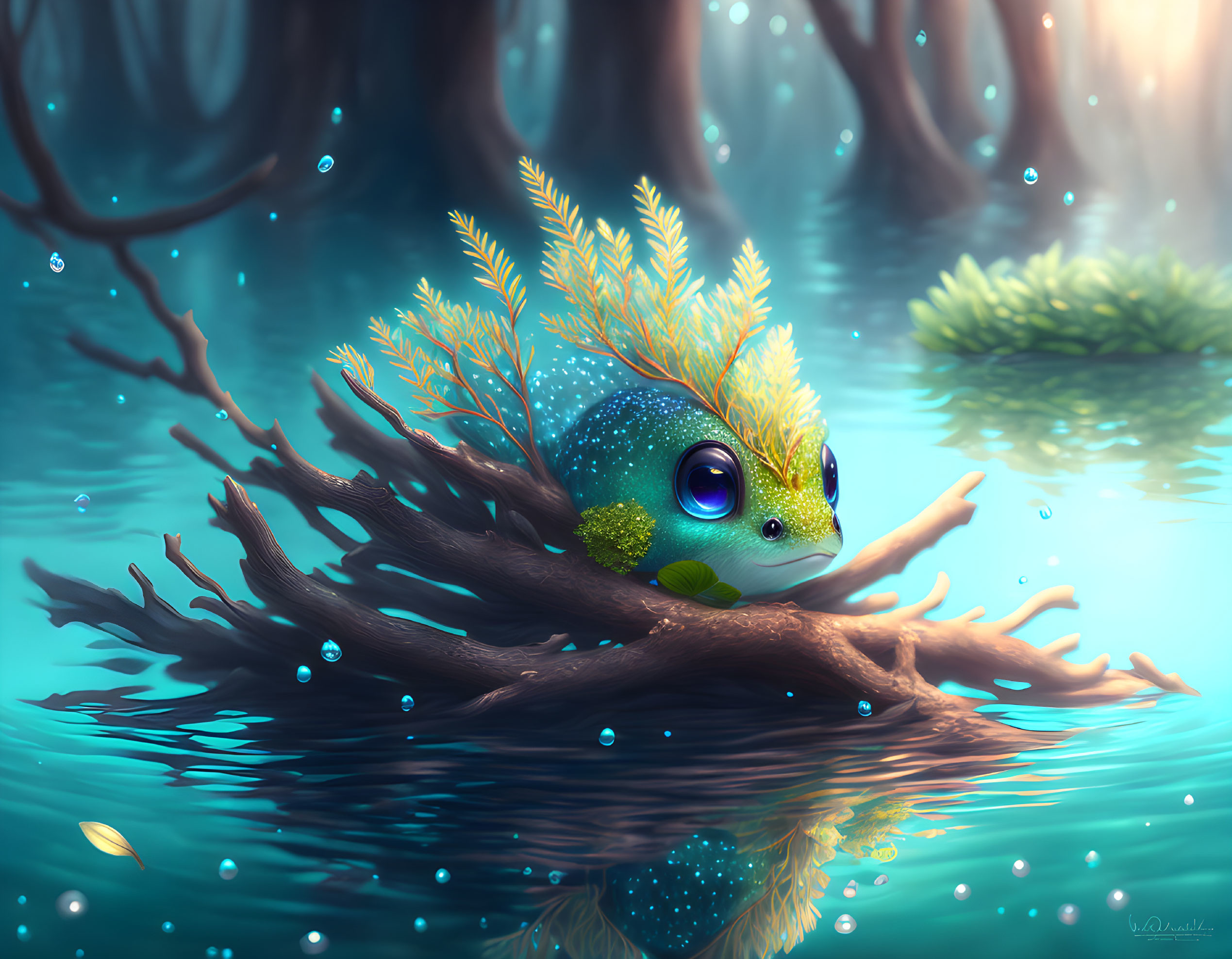 Colorful surreal illustration of frog-like creature on tree branch