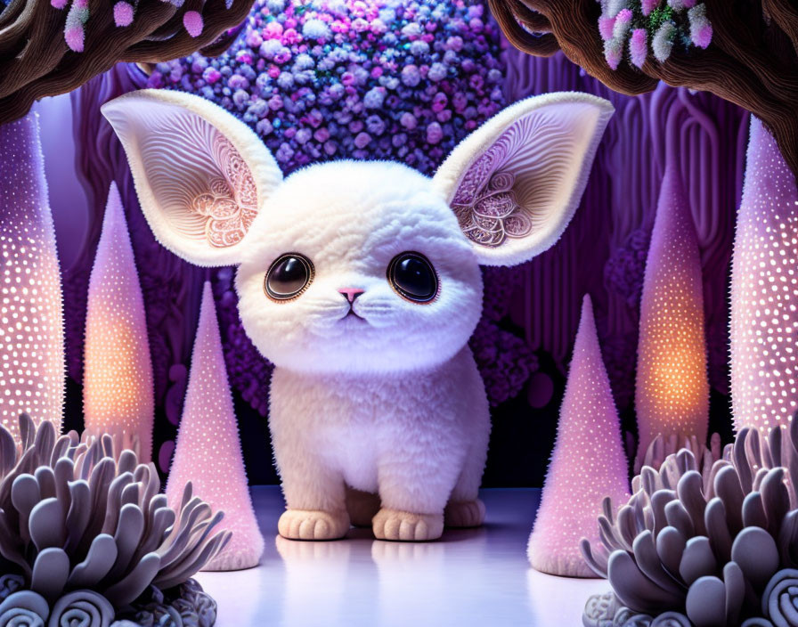 Stylized white creature with bunny ears in colorful forest