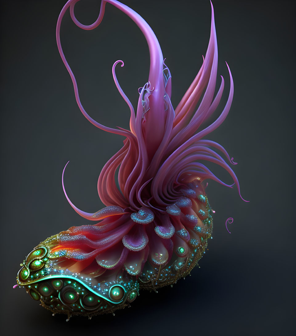 Vibrant pink tendrils and jewel-encrusted base in digital art