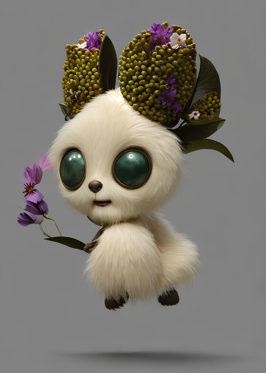 Fluffy white creature with green eyes and floral headdress