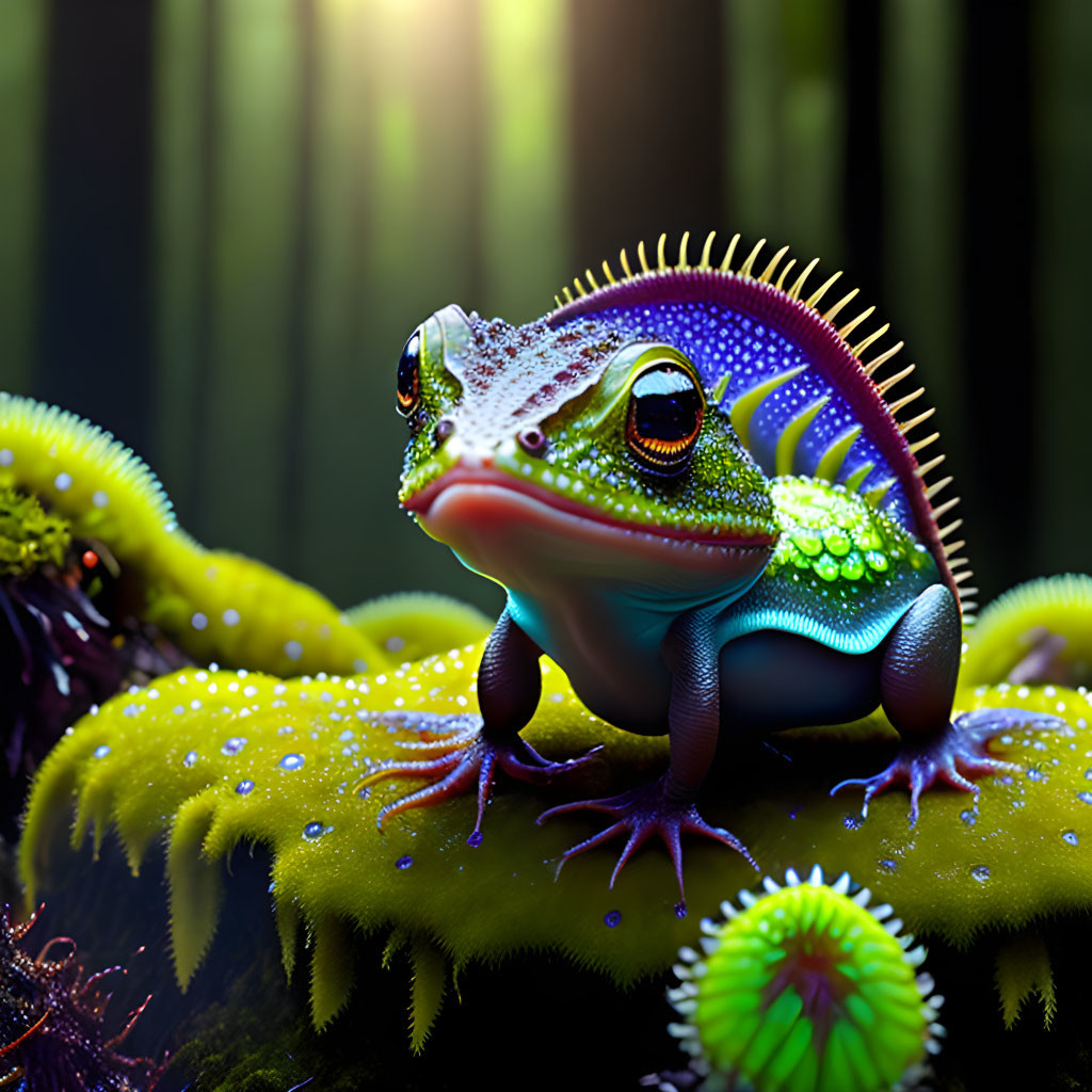 Colorful digital artwork: fantastical frog on mossy surface with iridescent skin, surrounded by