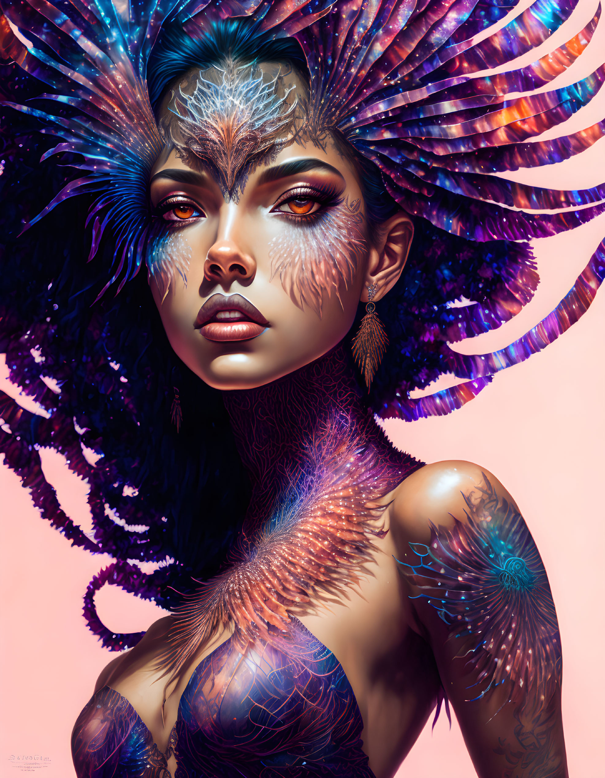 Colorful digital portrait of a woman with feathered headdress and body art