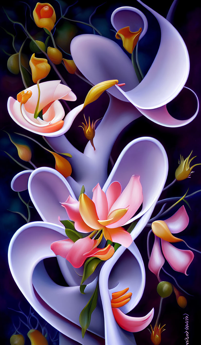 Colorful Blooming Flowers and Ribbon-like Shapes in Surreal Digital Painting