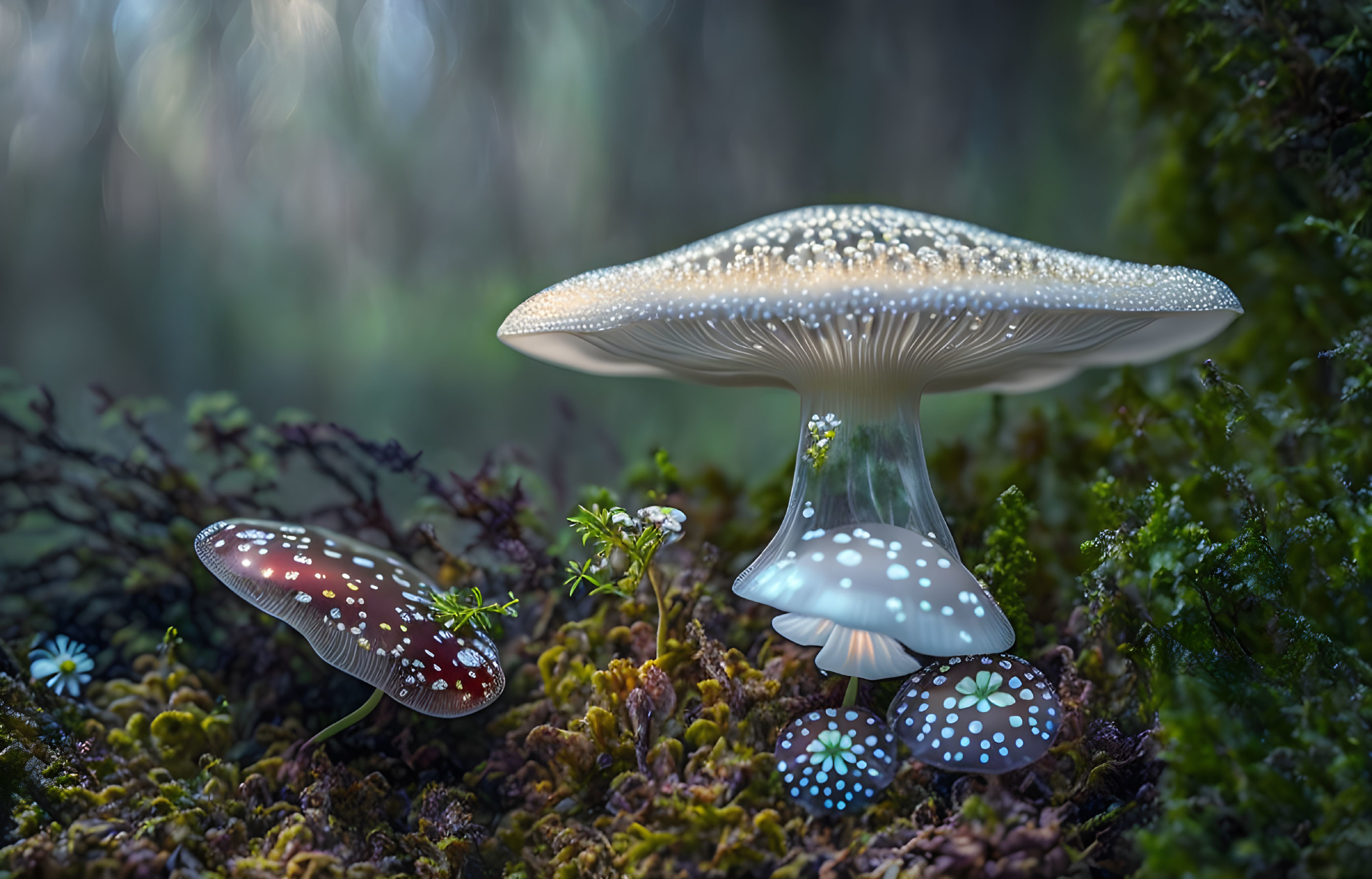 Glowing fantasy mushrooms in mystical forest setting