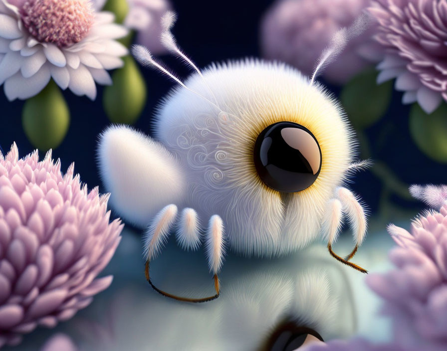 Stylized fluffy bee with large eye and delicate wings in purple flowers