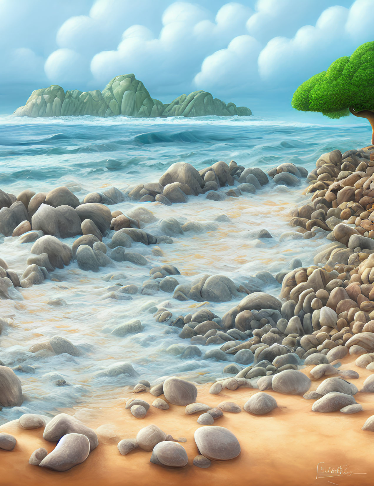 Tranquil beach scene with pebbles, tree, waves, and distant islands