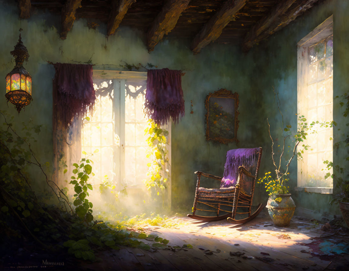 Abandoned room with overgrown plants and old chair in warm sunlight