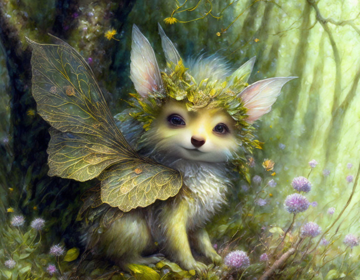 Cat-faced creature with leafy wings in enchanted forest