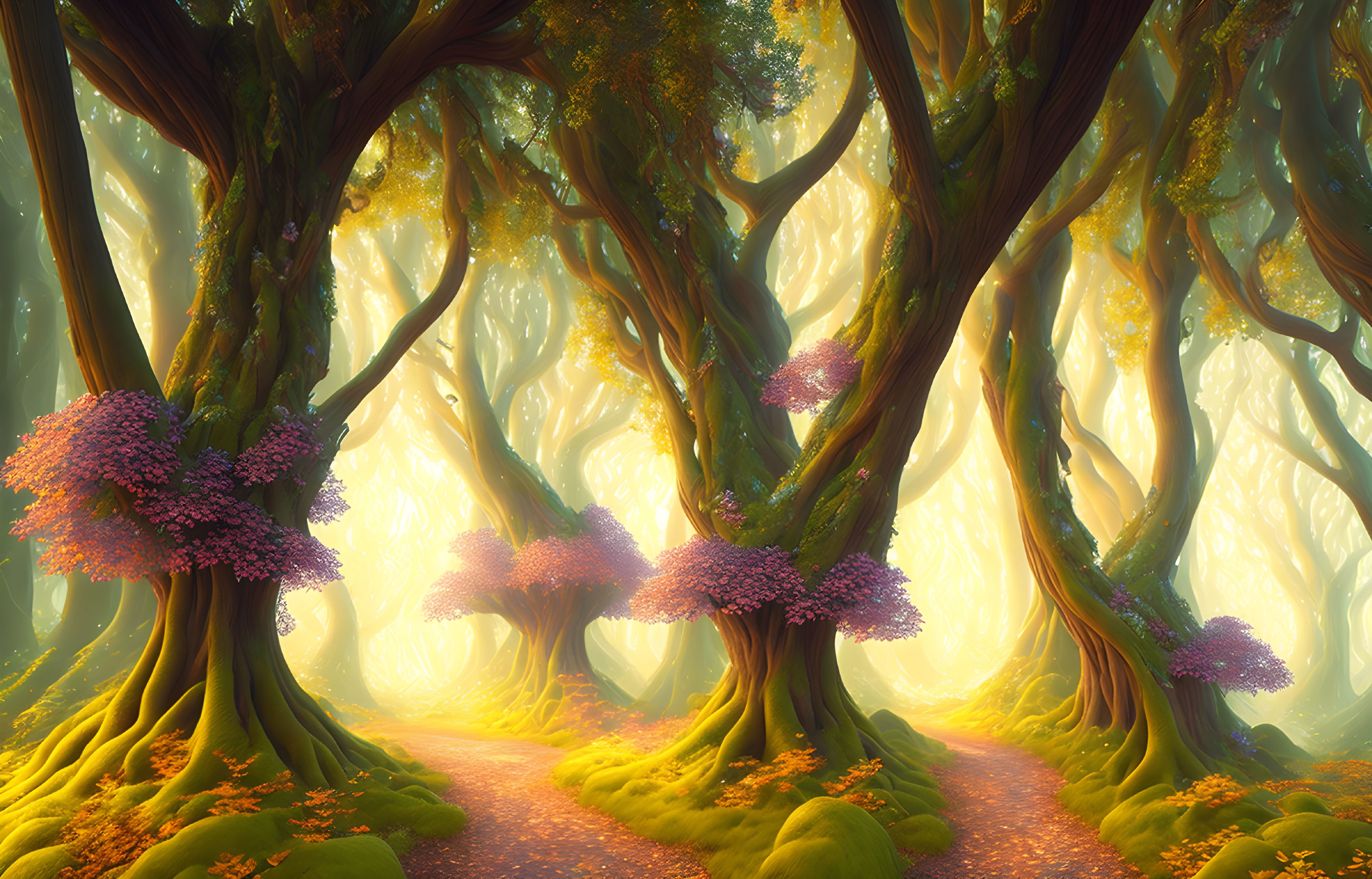 Mystical forest path with towering trees and purple flowers