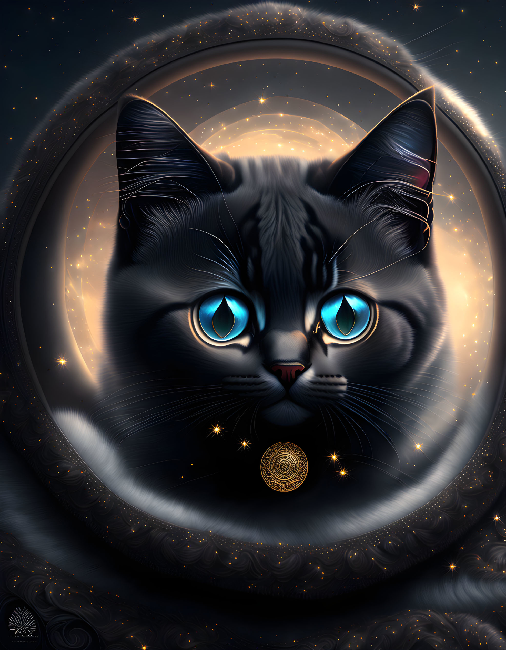 Detailed Illustration of Mystical Black Cat with Cosmic Motifs