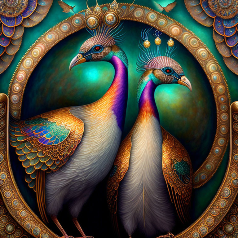 Intricately designed peacocks in rich blue and gold tones on ornate circular backdrop.