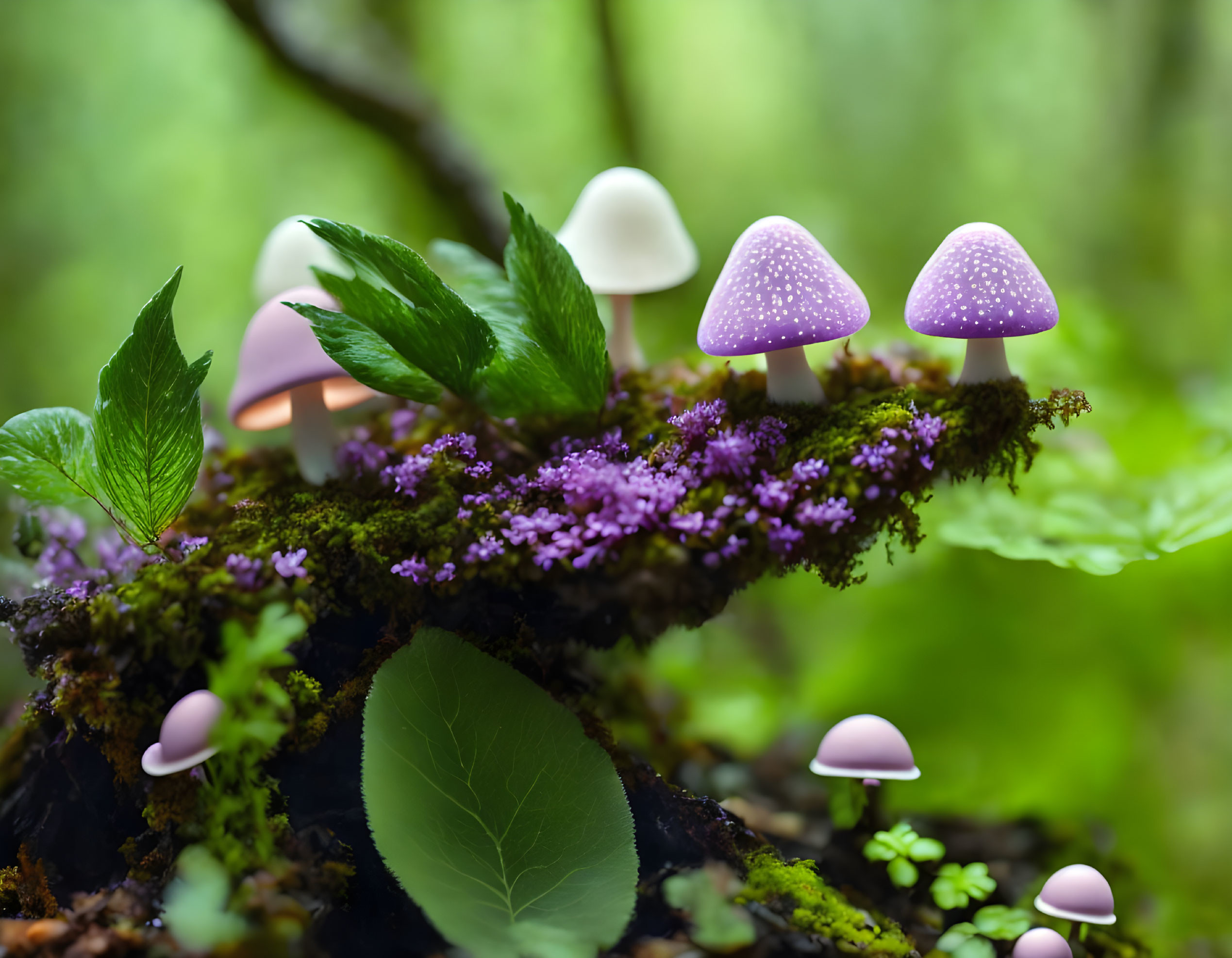 Purple-Capped Mushrooms on Moss-Covered Log in Green Forest