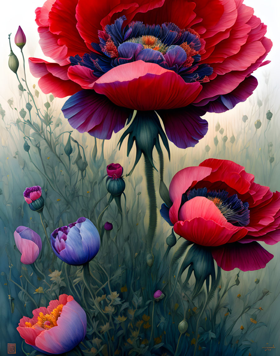 Detailed red poppies painting with floral elements on muted background