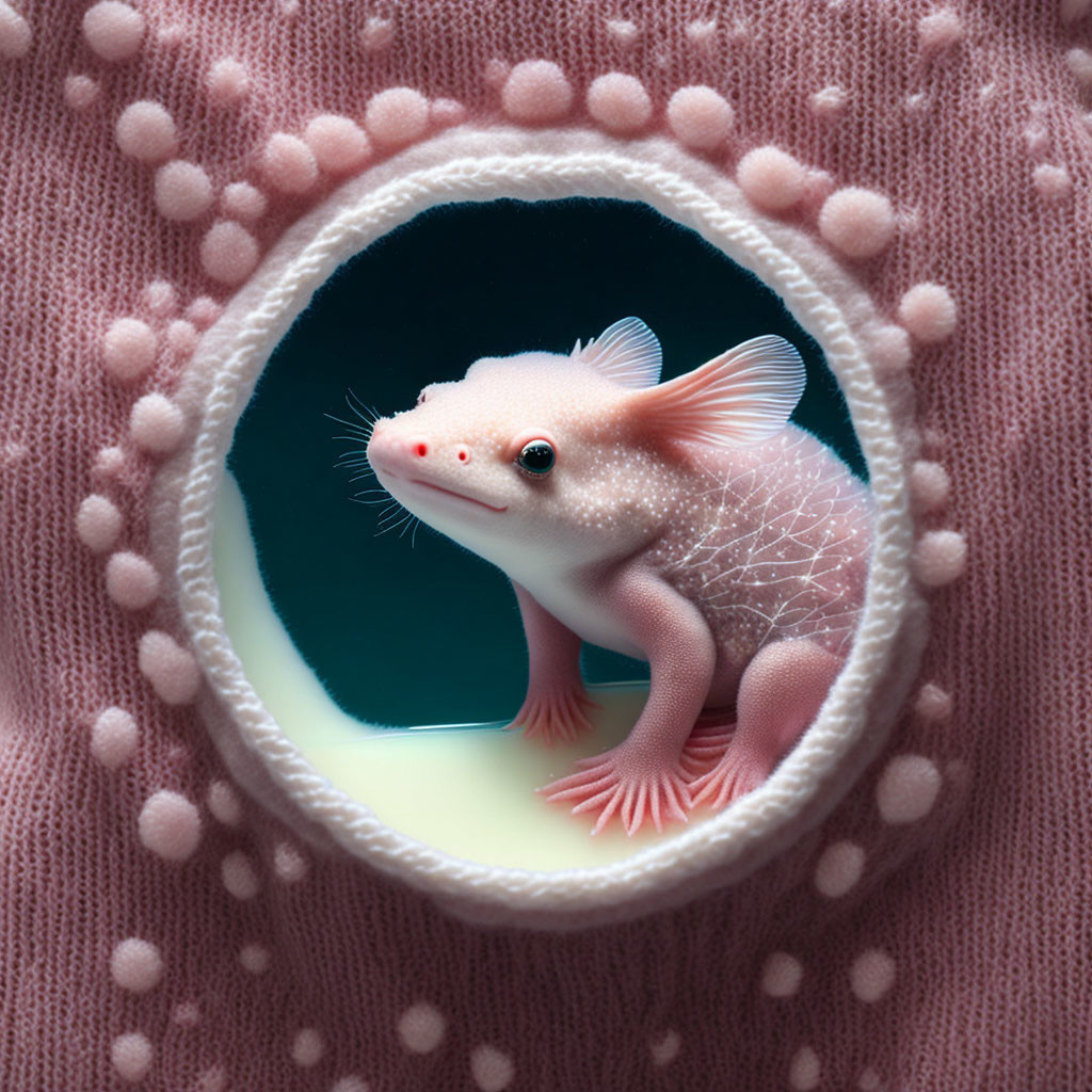 Pink Axolotl Peeking from Hole in Pink Knitted Fabric with Pompoms