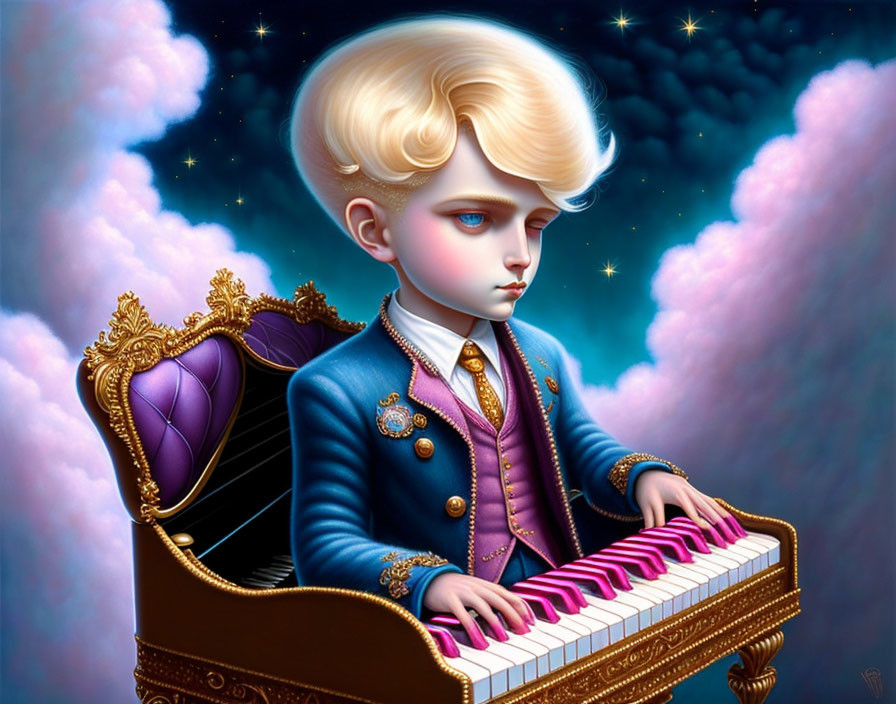 Surreal artwork: Young boy with exaggerated features playing floating piano