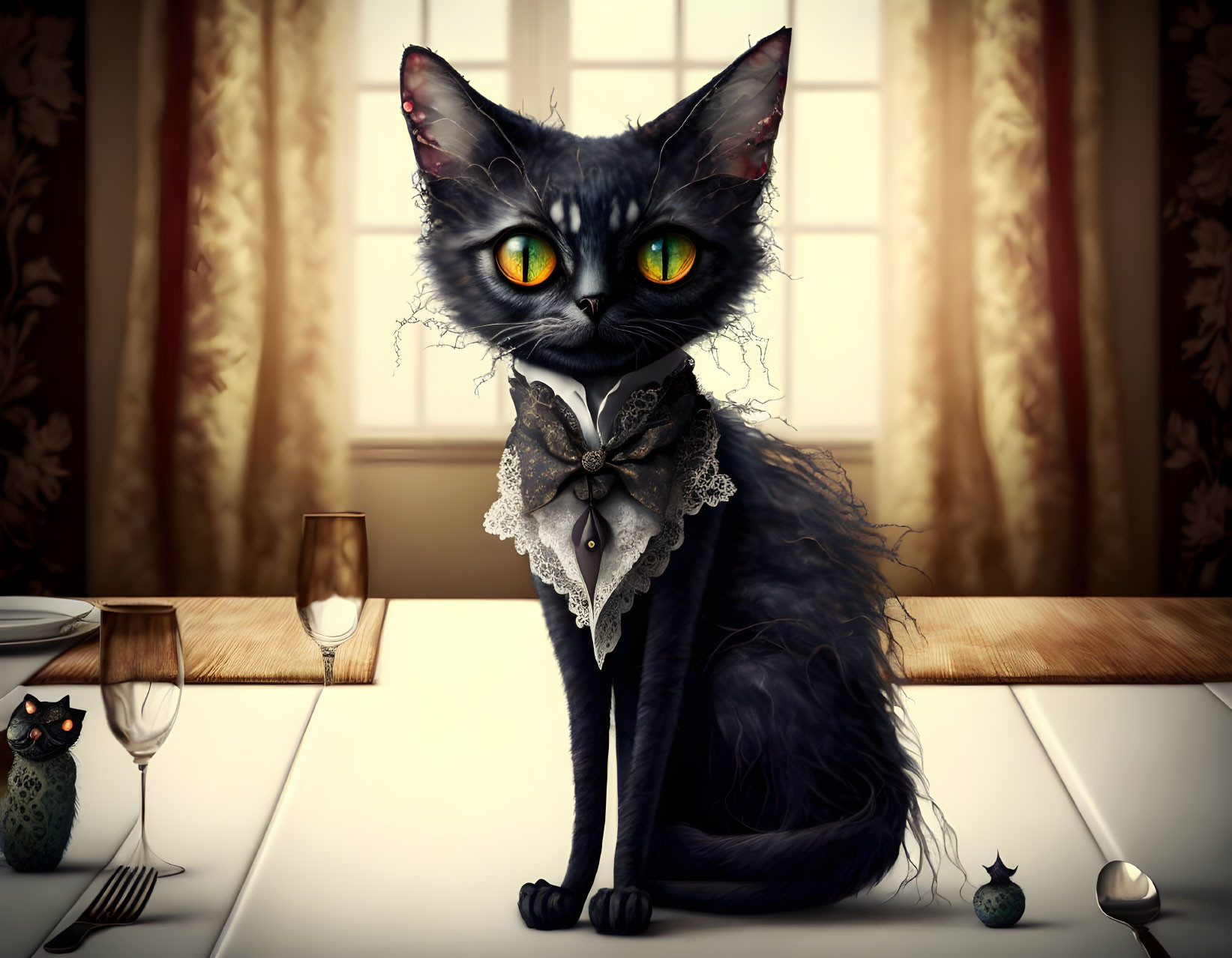 Anthropomorphic black cat with green eyes at whimsical dining table