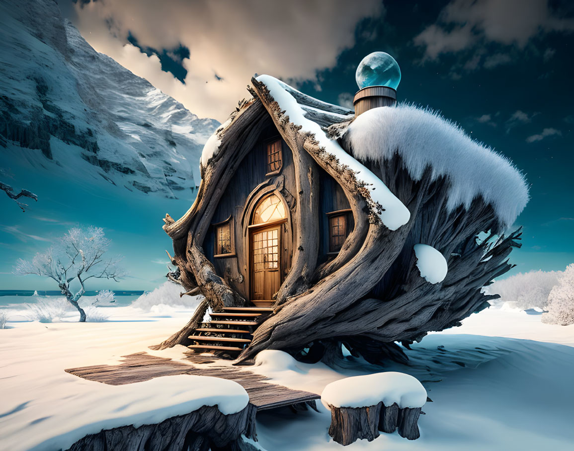 Snow-covered treehouse with curved structure, wooden door, snowy landscape, glowing lantern, blue twilight sky