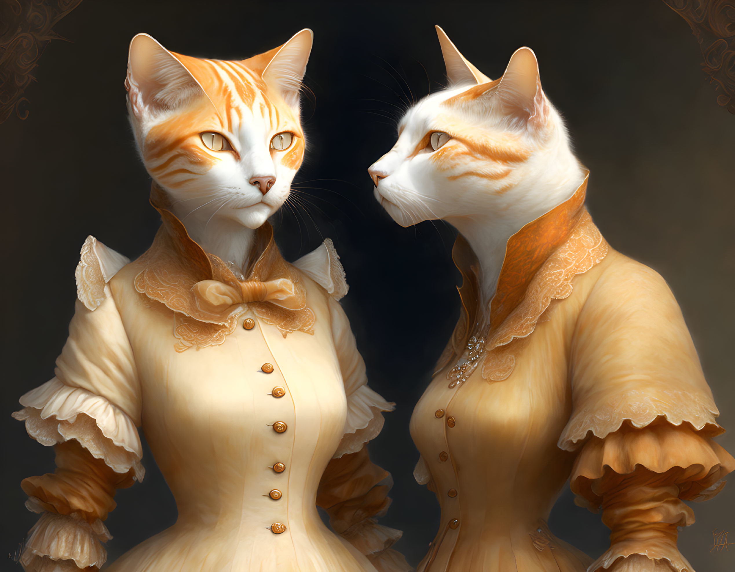 Anthropomorphic cats in vintage dresses against dark backdrop